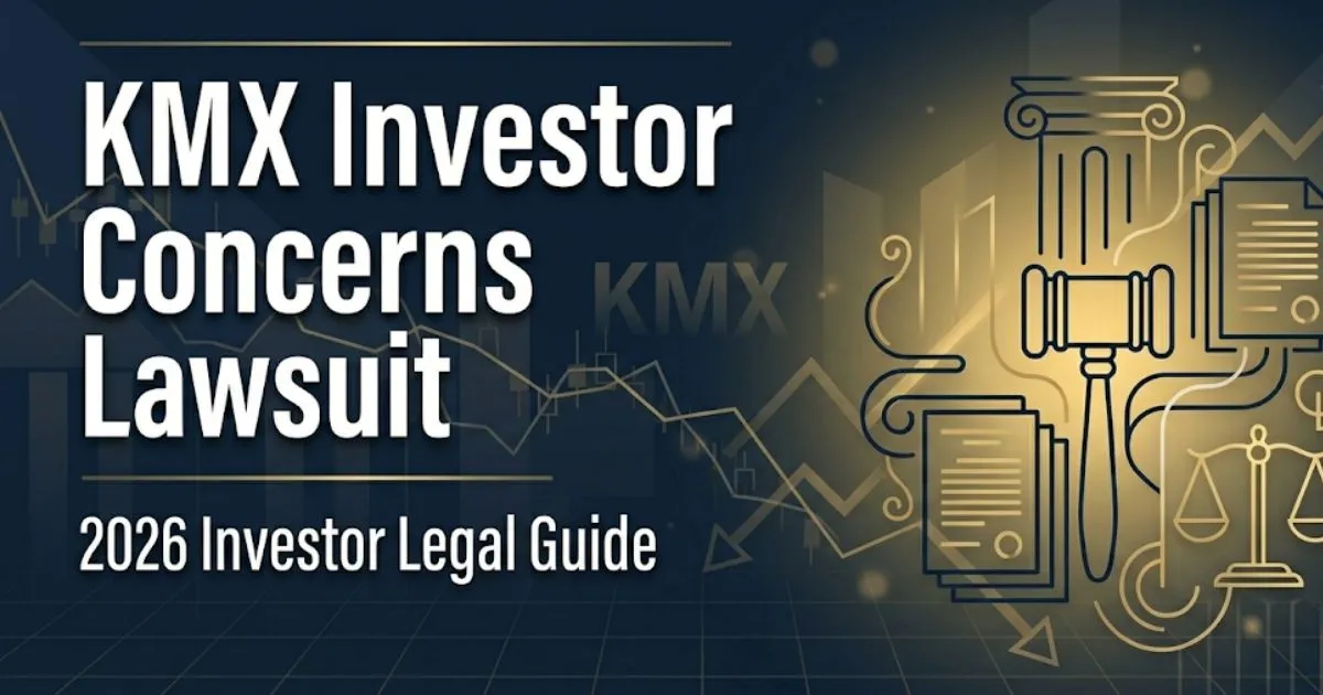 KMX investor concerns lawsuit 2026 legal guide banner with courthouse silhouette and financial chart