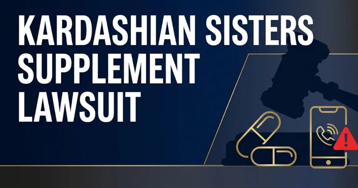 Kardashian sisters supplement lawsuit 2026 guide banner with legal gavel icons and supplement imagery on navy background