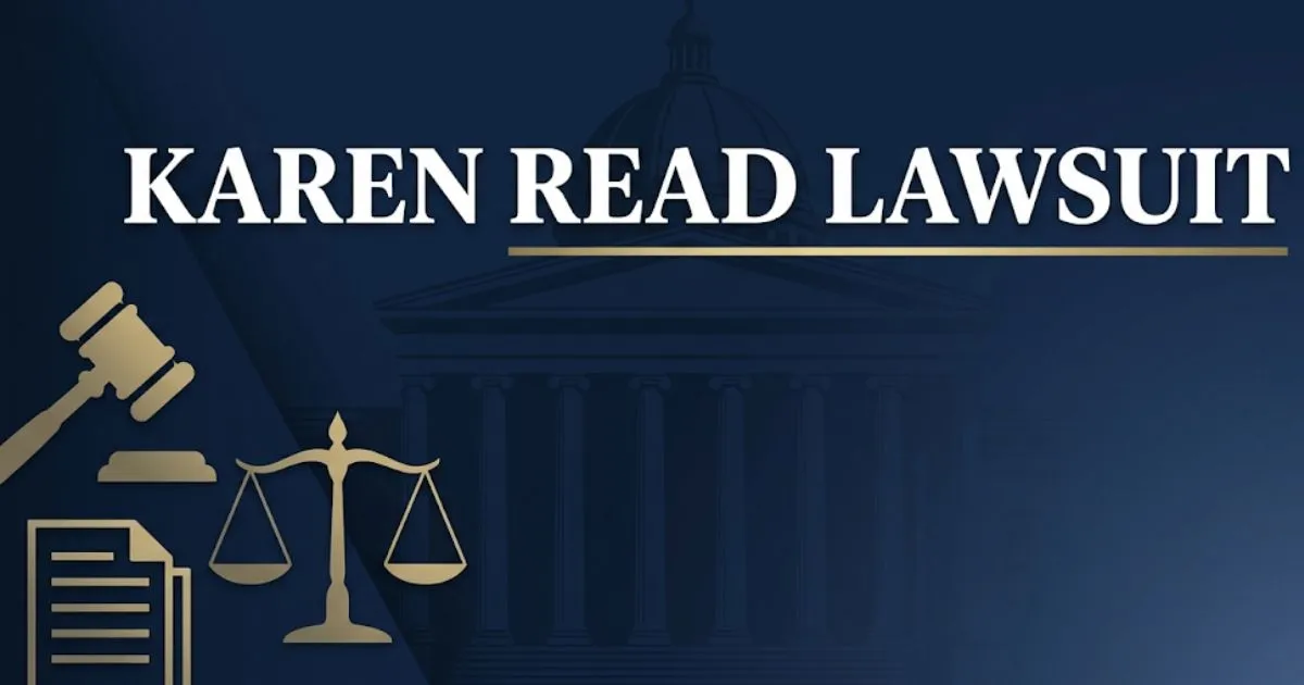 Karen Read lawsuit 2026 legal case breakdown hero banner with gavel and scale icons on navy background