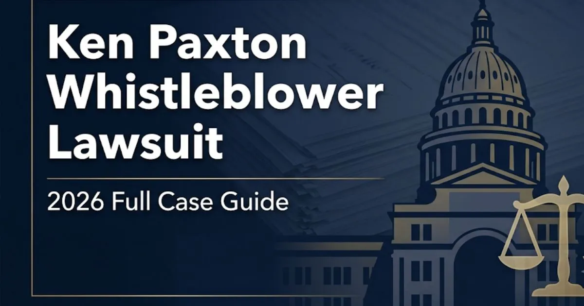 Ken Paxton whistleblower lawsuit 2026 guide banner with courthouse silhouette and legal scales on navy background