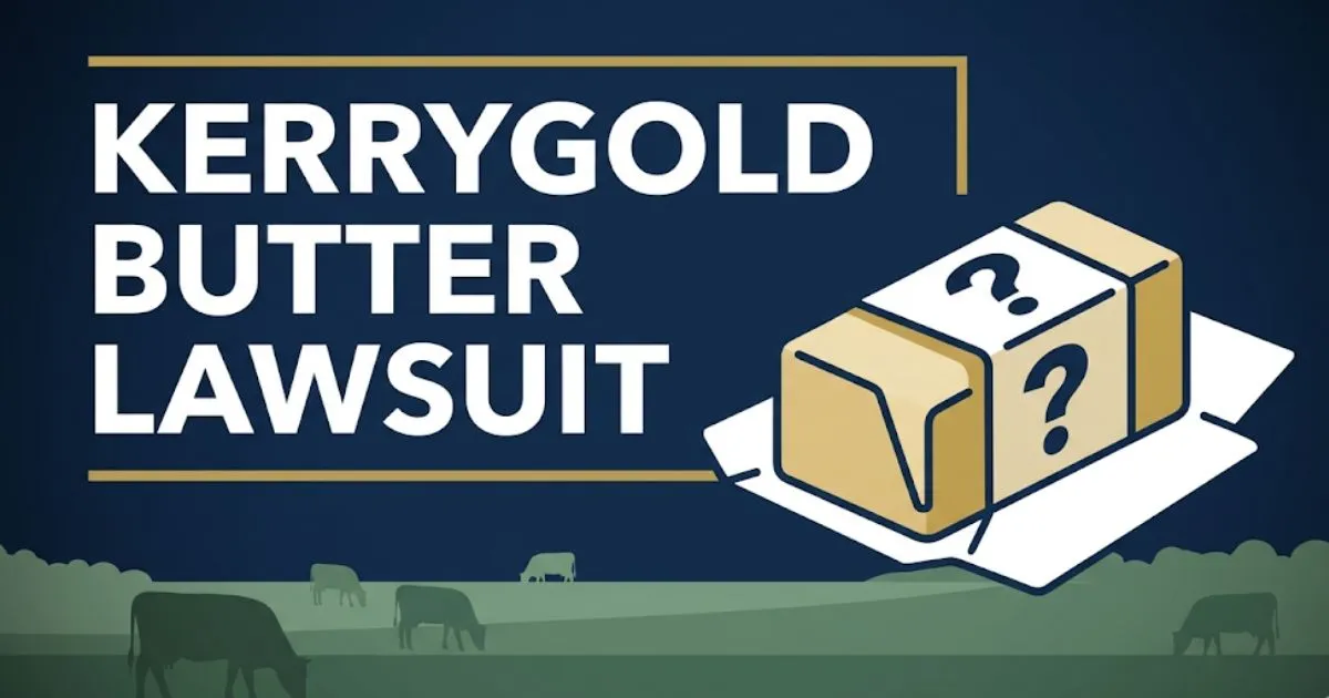 Kerrygold butter lawsuit 2026 banner showing butter packaging illustration and grass-fed labeling dispute visual
