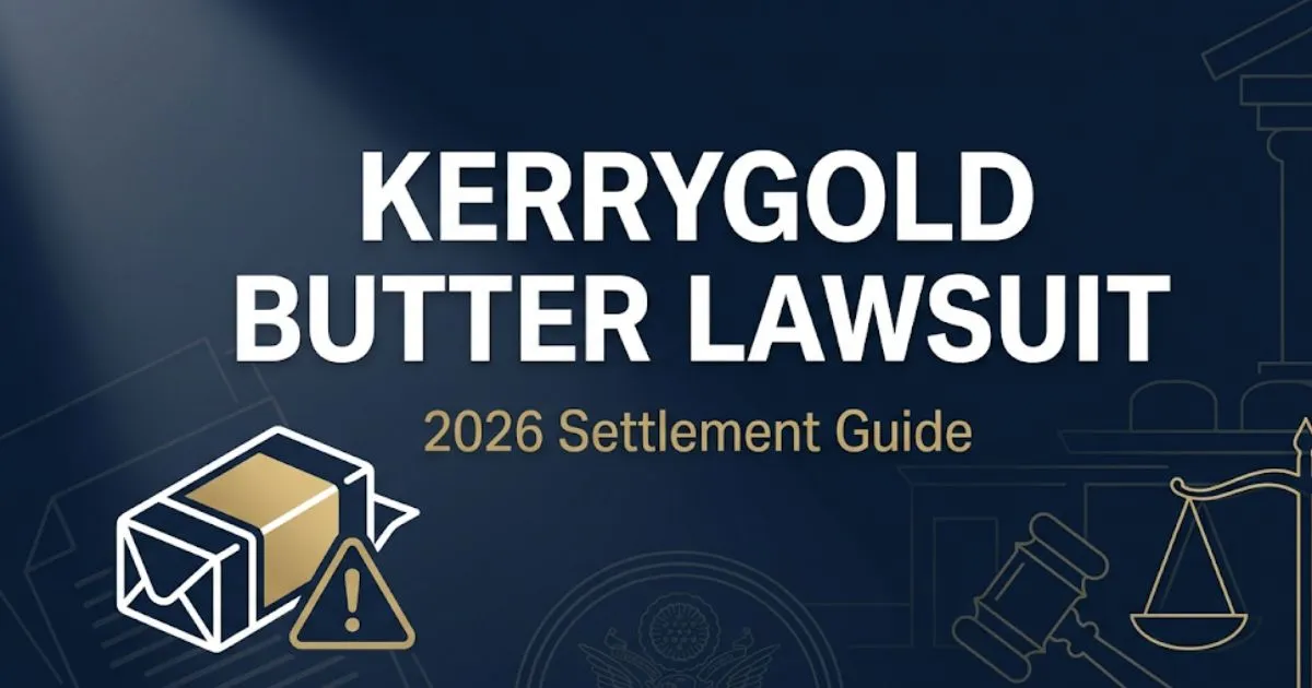 Kerrygold butter lawsuit 2026 settlement guide banner with legal symbols and navy gold design