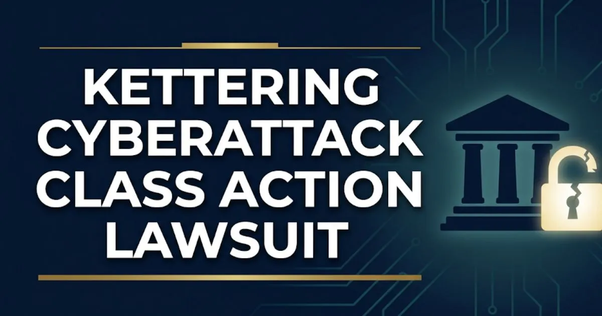 Kettering cyberattack class action lawsuit 2026 guide banner with courthouse and broken padlock icon on navy background