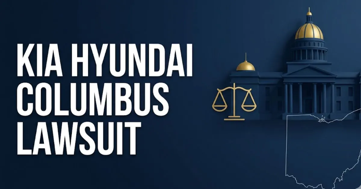 Kia Hyundai Columbus lawsuit 2026 guide banner with Ohio courthouse silhouette and legal scales icon