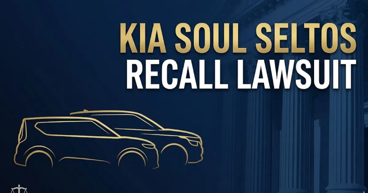 Kia Soul Seltos recall lawsuit 2026 banner showing car silhouette and legal scales on navy background