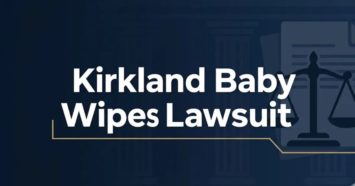 Kirkland baby wipes lawsuit 2026 hero banner with legal scale and deep navy background showing case overview