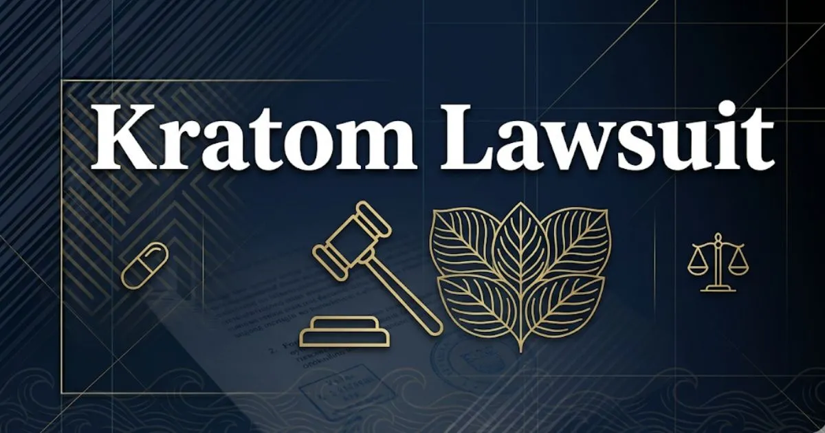 Kratom lawsuit 2026 blog banner with gavel and botanical leaf design