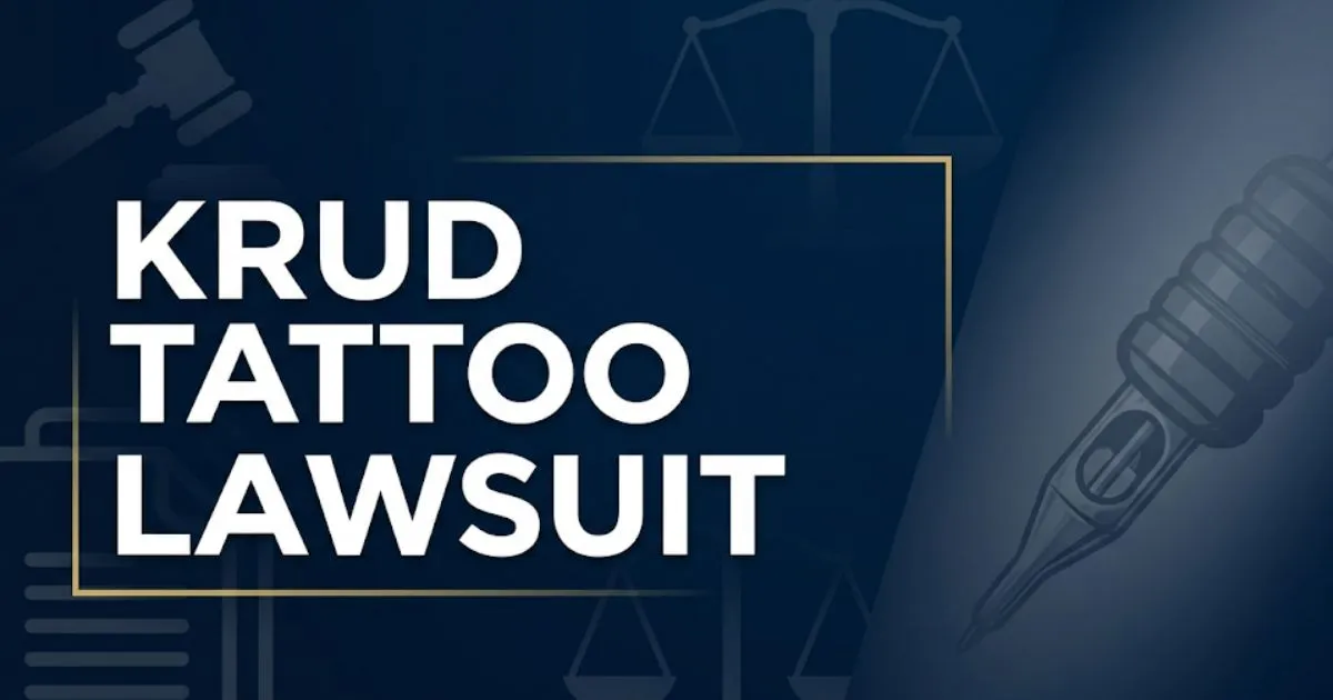 Krud tattoo lawsuit 2026 legal banner with gavel and scales of justice on navy background