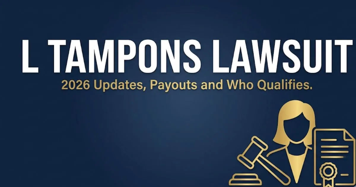 L tampons lawsuit 2026 banner showing legal gavel, female silhouette, and headline text on navy background