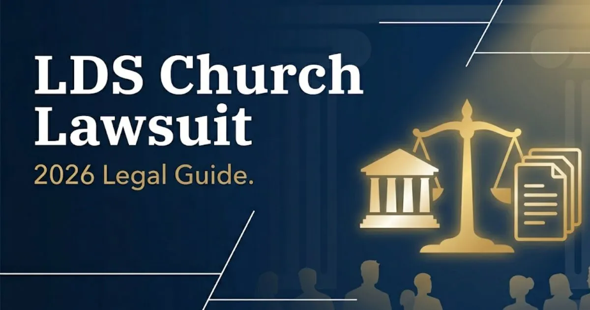 LDS Church lawsuit 2026 legal guide banner with scales of justice and courthouse icons on navy background