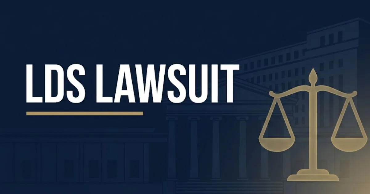 LDS lawsuit 2026 editorial banner showing legal scales and courthouse silhouette on deep navy background with gold accents