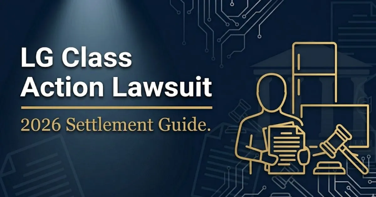 LG class action lawsuit 2026 settlement guide banner with legal icons and bold headline text on navy background