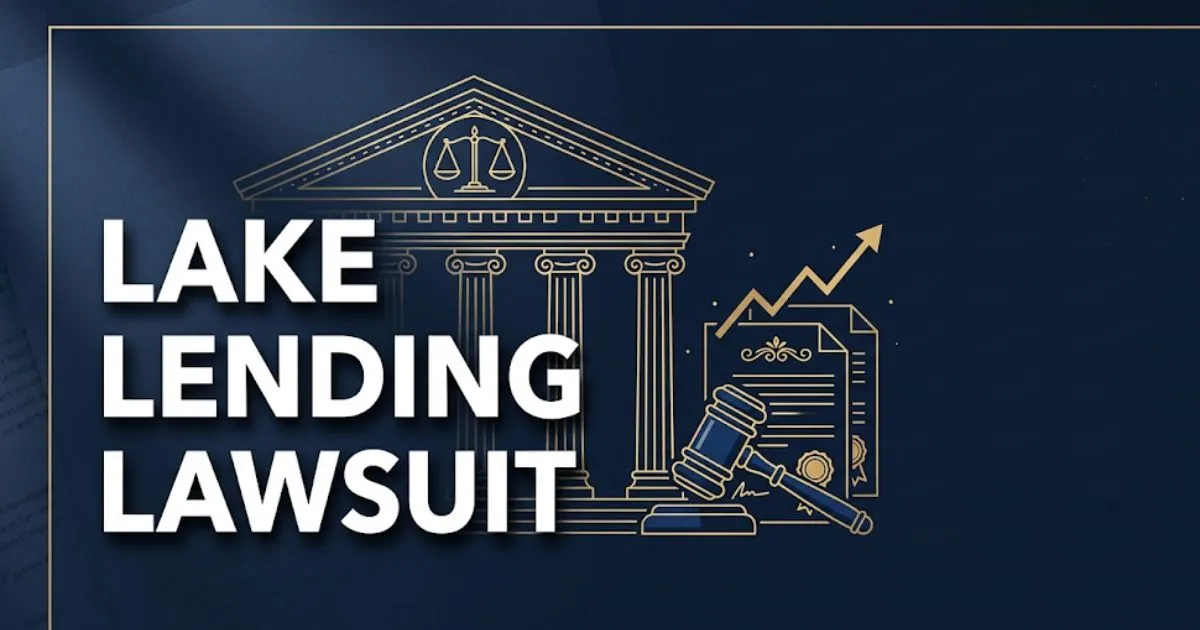 Lake Lending Lawsuit 2026 blog banner with scale of justice icon and bold legal headline on navy background