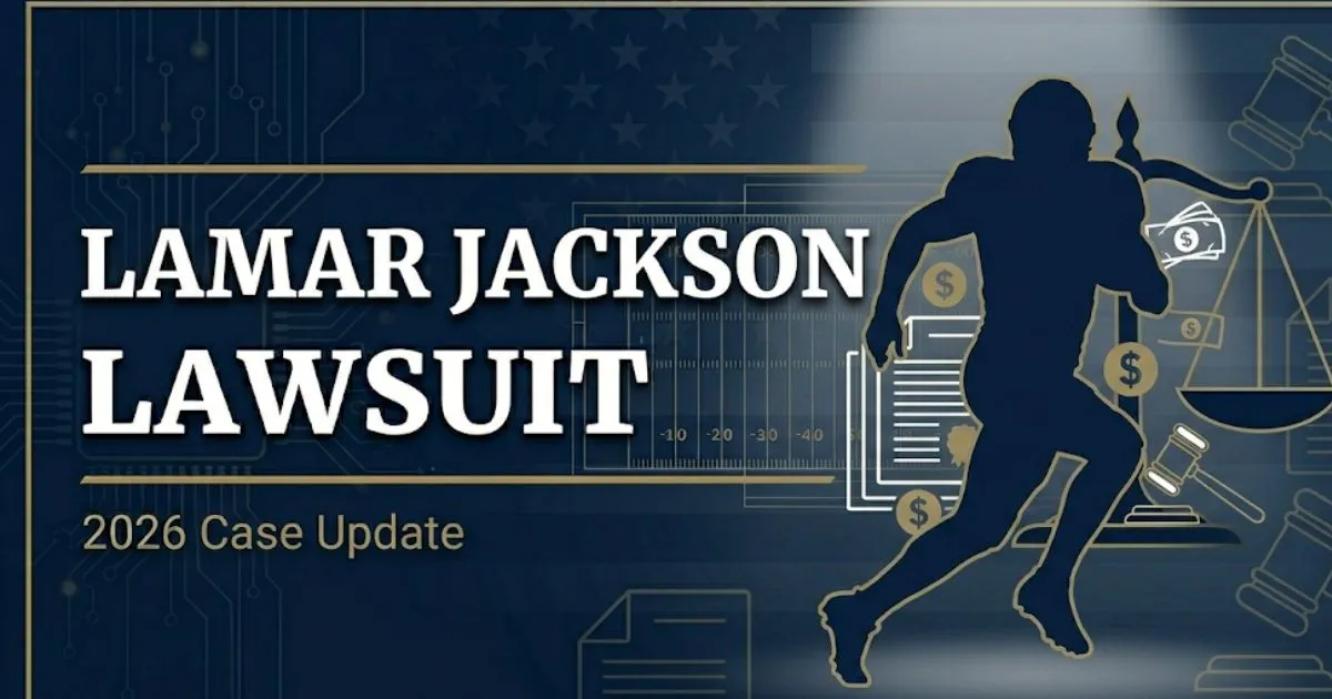 Lamar Jackson lawsuit 2026 case breakdown banner showing legal symbols, football silhouette, and bold headline text