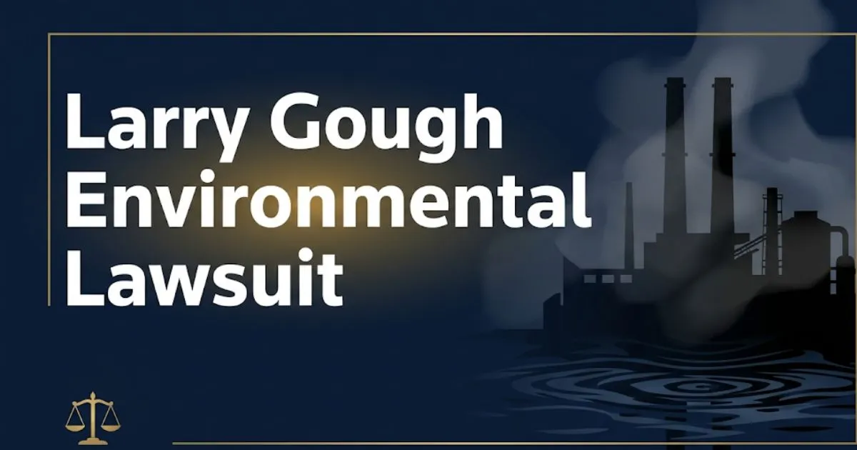 Larry Gough Environmental Lawsuit 2026 guide banner with industrial silhouette and legal scales on navy background