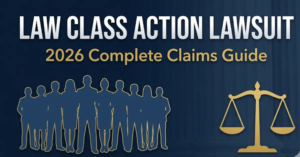 Law class action lawsuit 2026 guide banner with legal scale icon, silhouettes, and bold title text on navy background.