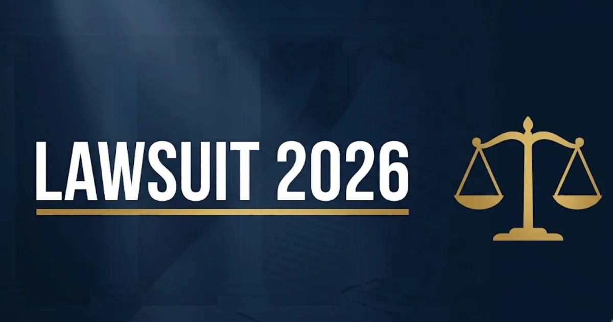 Lawsuit 2026 hero banner with courthouse silhouette, gold scales of justice, and navy blue legal background design