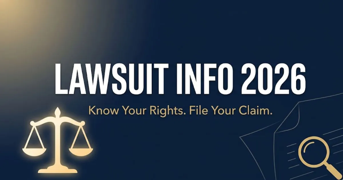 Lawsuit Info 2026 hero banner with justice scale icon and bold headline on dark navy background
