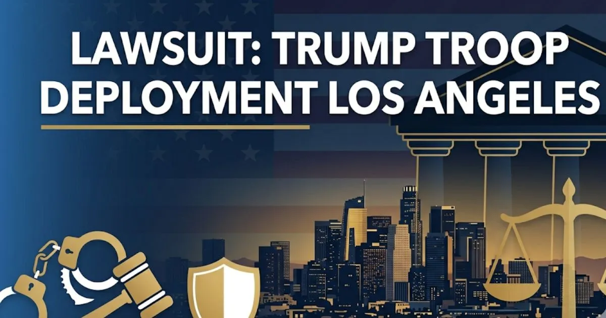 Lawsuit Trump troop deployment Los Angeles 2026 editorial banner with LA skyline silhouette and legal scales