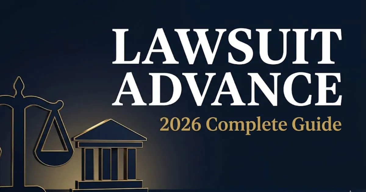 Lawsuit advance 2026 guide banner showing legal scale icon and bold headline on deep navy background