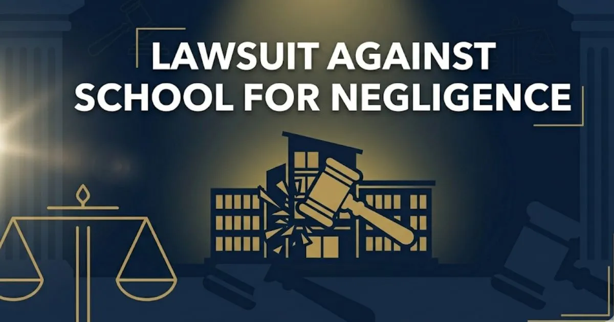 Lawsuit against school for negligence 2026 guide banner with gavel, school silhouette, and justice scale on navy background