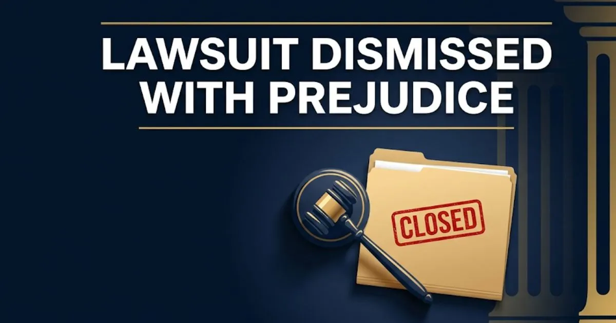 Lawsuit dismissed with prejudice legal banner with gavel and closed case folder on navy background