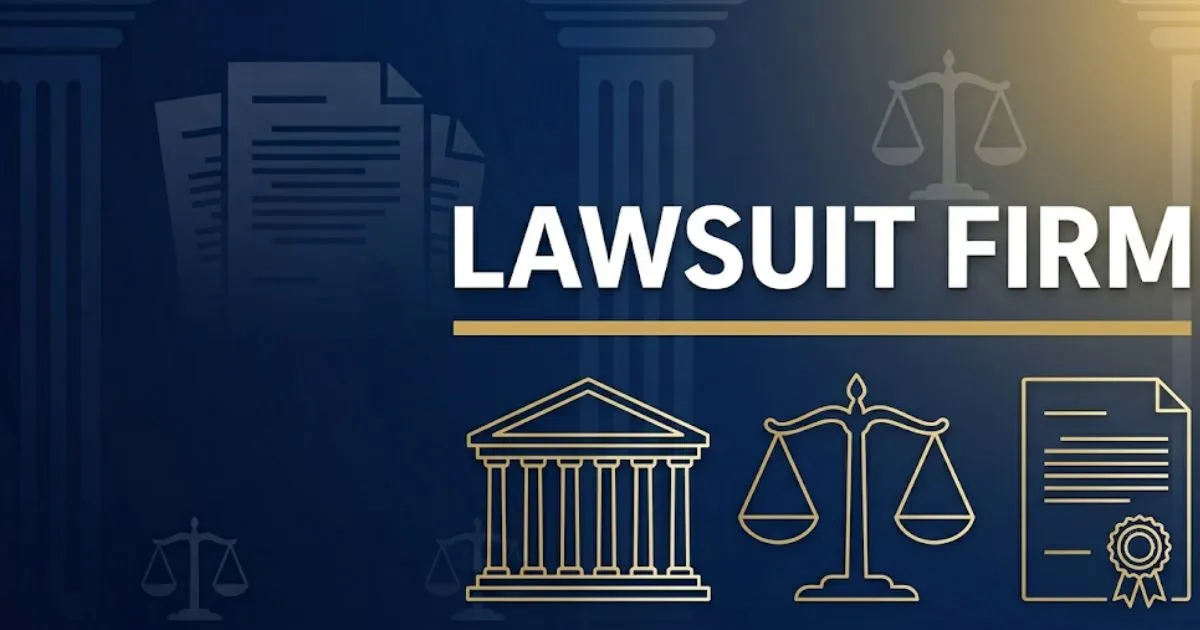 Lawsuit firm guide 2026 hero banner showing legal scales courthouse icons and bold headline text on navy background INPUT MAIN KEYWORD {{lawsuit firm}} CLUSTER KEYWORDS {{paste cluster keywo