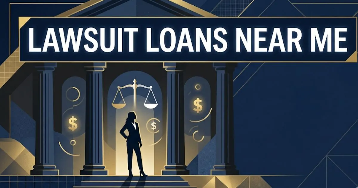 Lawsuit loans near me 2026 guide with legal symbols and funding information banner