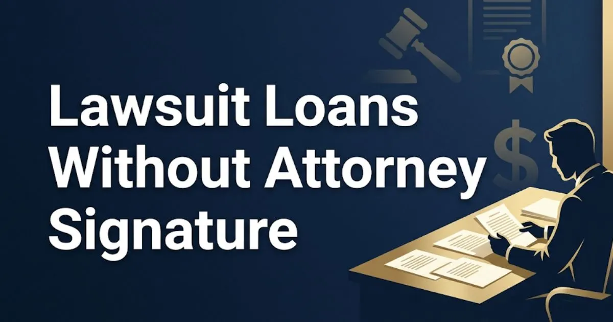 Lawsuit loans without attorney signature 2026 guide banner with legal icons and silhouette on navy background