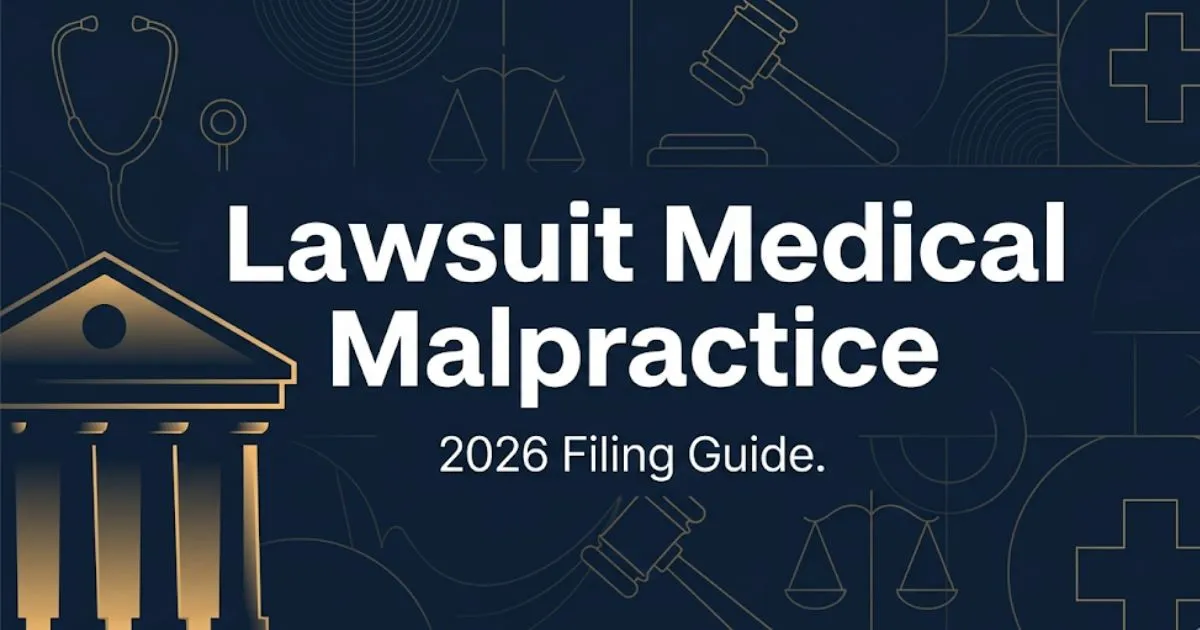 Lawsuit medical malpractice 2026 filing guide banner with legal and medical symbols