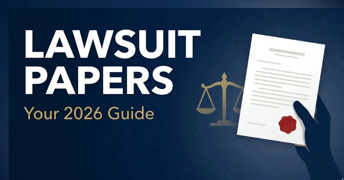 Lawsuit papers 2026 guide banner with legal document silhouette, scales of justice, and bold headline on navy background