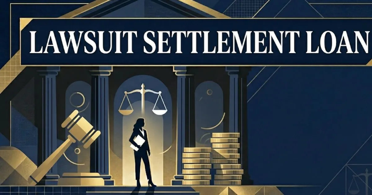 Lawsuit settlement loan 2026 guide with legal symbols and funding icons on navy background