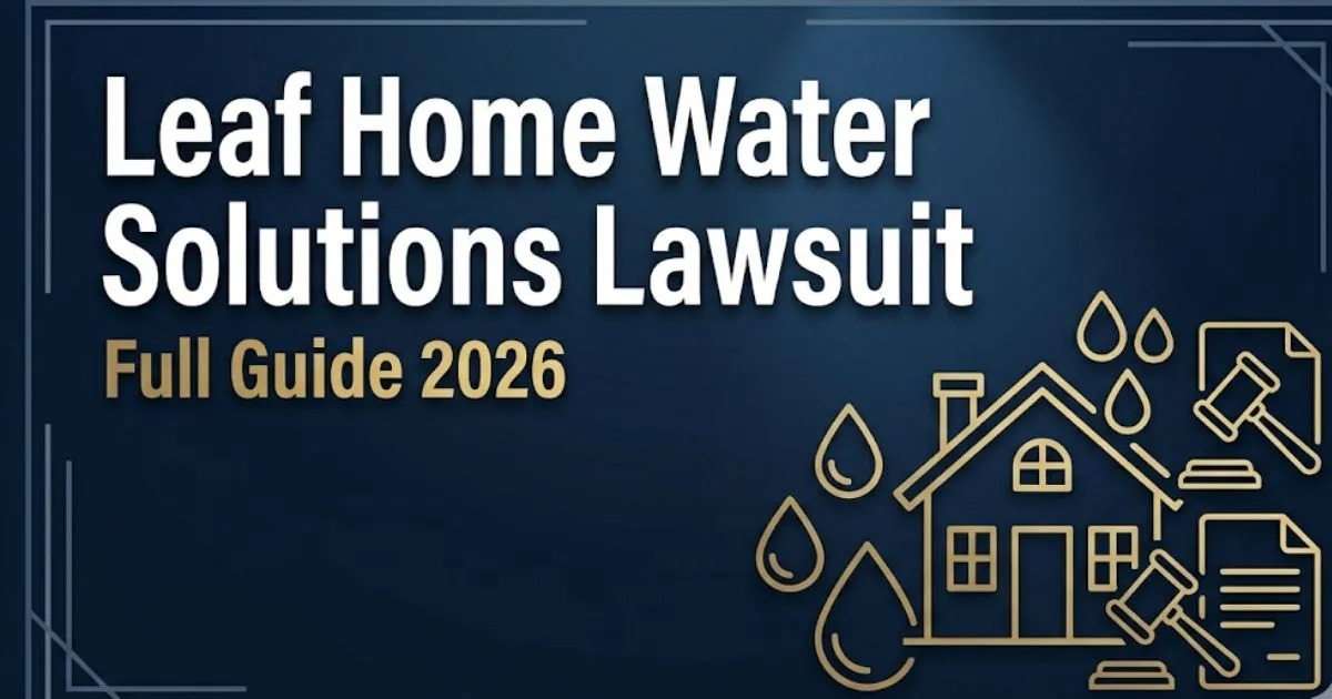 Leaf Home Water Solutions Lawsuit legal guide 2026 banner with gavel and water drop icons on navy background