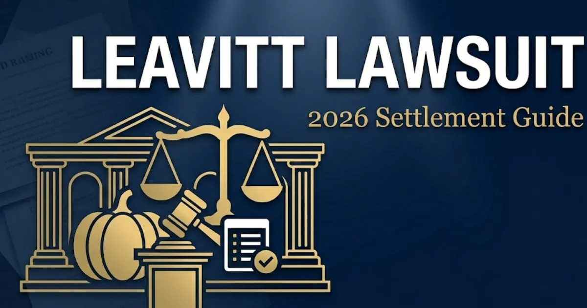 Leavitt lawsuit 2026 settlement guide banner with legal scales and courthouse silhouette on navy background