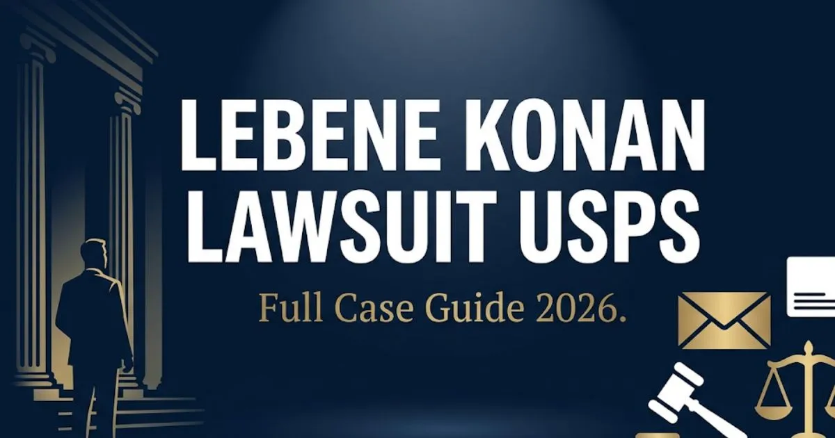 Lebene Konan lawsuit USPS full case guide 2026 blog banner with courthouse silhouette and legal icons