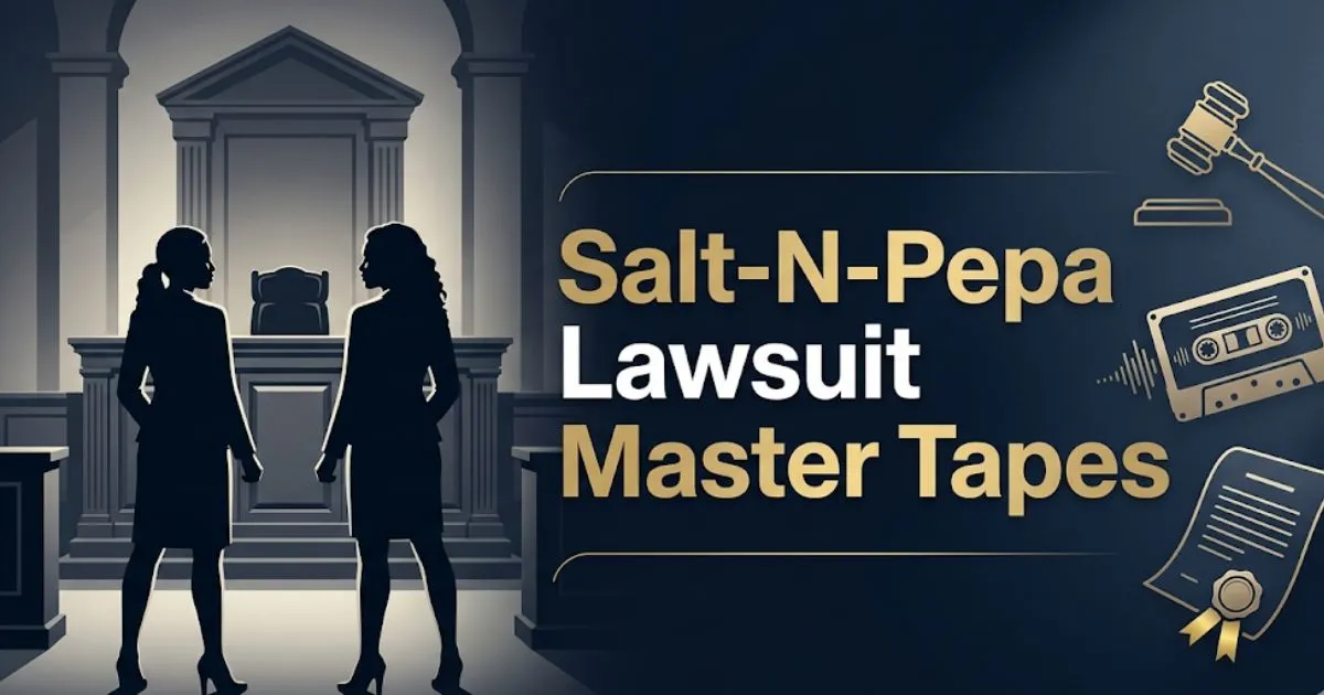Legal banner with headline Salt-N-Pepa Lawsuit Master Tapes and courtroom imagery.