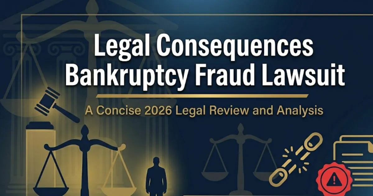 Legal consequences bankruptcy fraud lawsuit 2026 guide banner with courthouse silhouette and justice scale icons