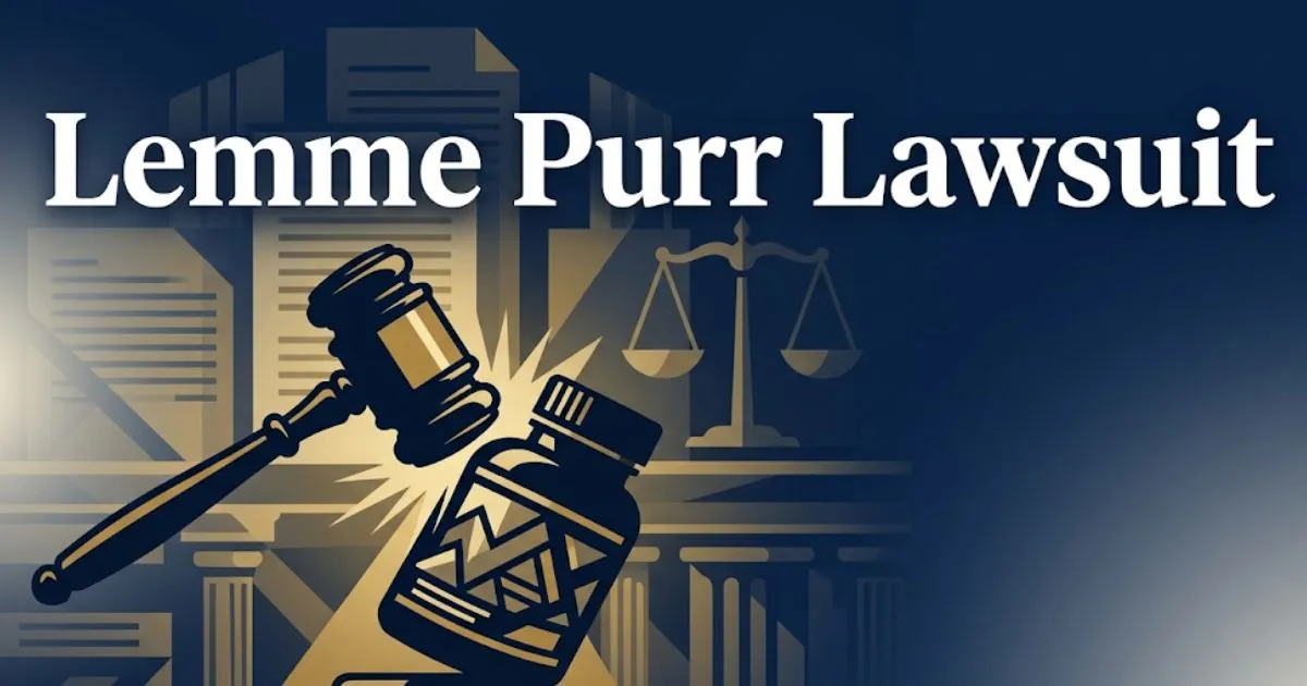 Lemme Purr lawsuit 2026 banner with gavel and supplement bottle legal graphic