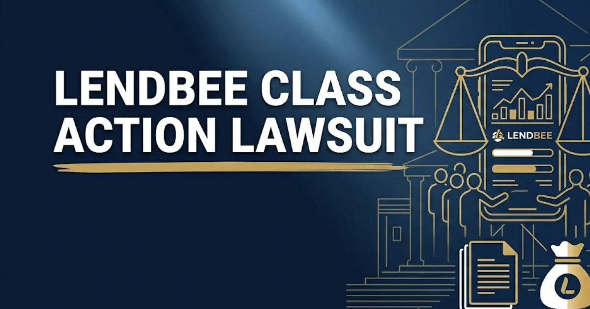 Lendbee class action lawsuit 2026 hero banner with scales of justice and fintech legal theme on navy background.