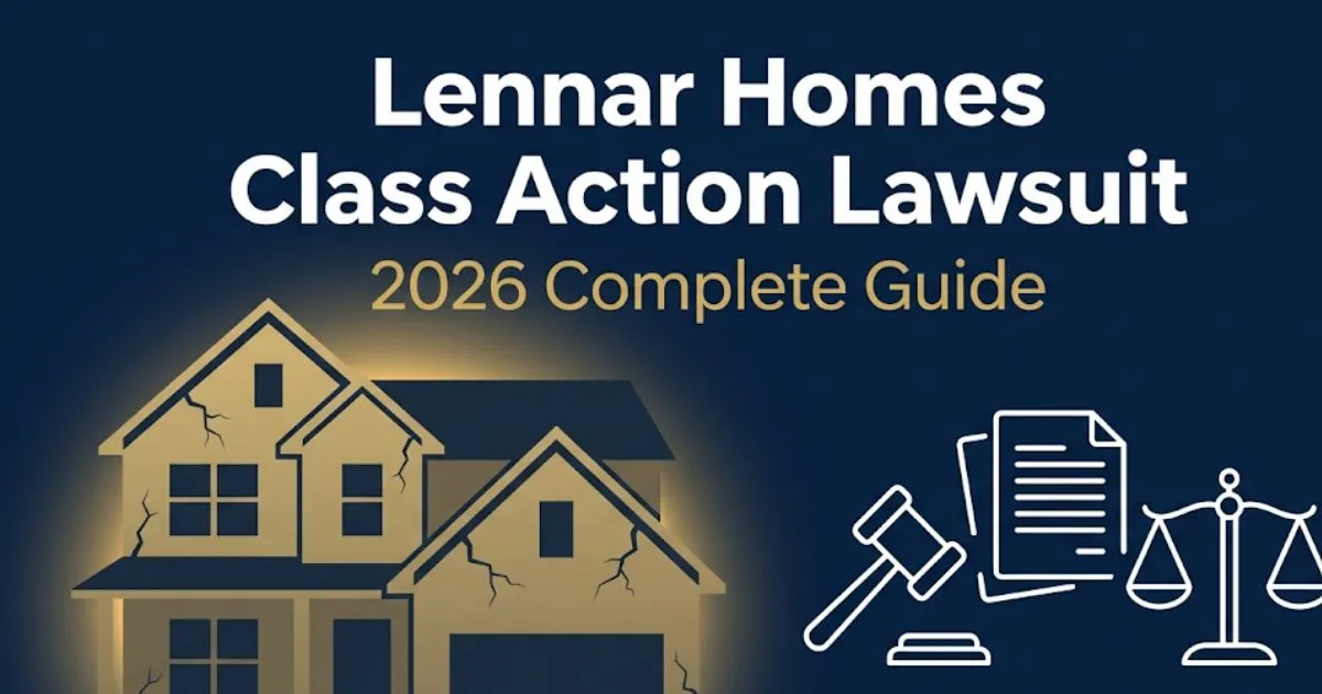 Lennar Homes Class Action Lawsuit 2026 guide banner with house silhouette, gavel icon, and legal document symbols on navy background.
