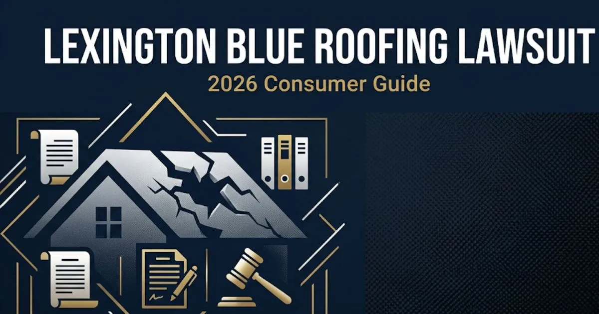 Lexington Blue Roofing Lawsuit 2026 guide banner showing damaged roof silhouette and legal gavel icons on navy background