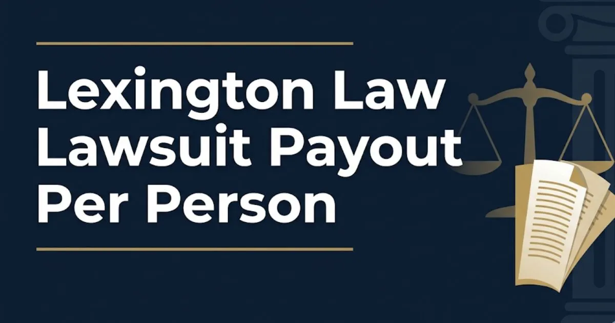 Lexington Law Lawsuit Payout Per Person 2026 legal settlement guide banner with scale of justice icon