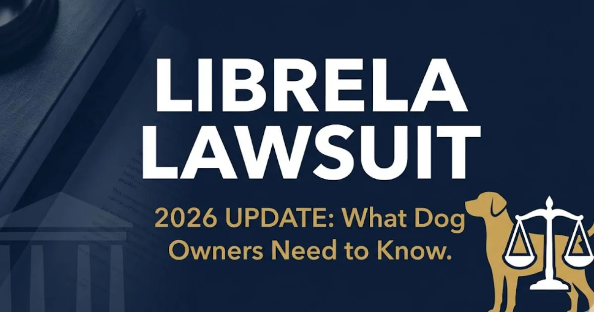 Librela lawsuit 2026 banner showing legal scales and dog silhouette with lawsuit headline text in navy and gold