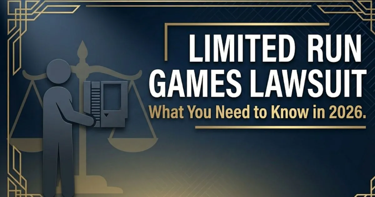 Limited Run Games lawsuit blog banner with bold headline text, legal scales, and deep navy and gold color palette