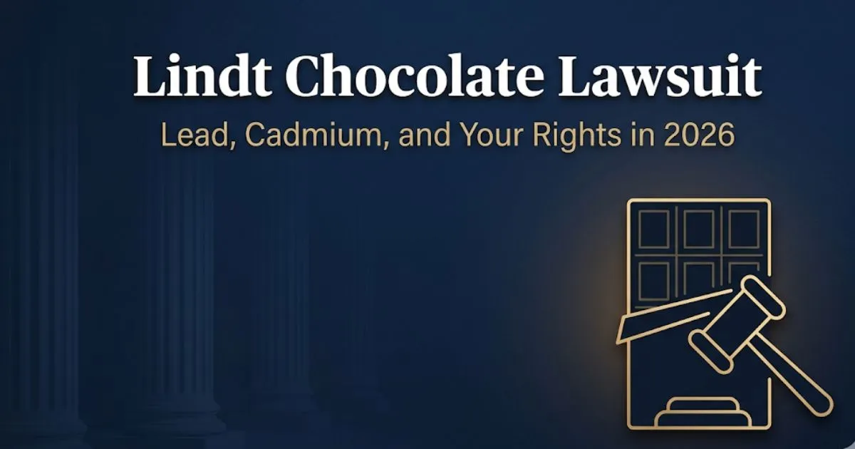 Lindt chocolate lawsuit 2026 hero banner showing dark chocolate and legal gavel icons on navy background