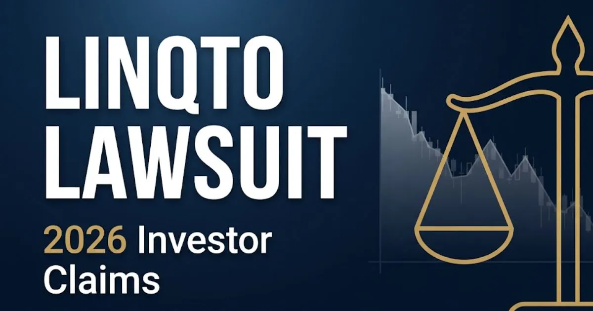 Linqto lawsuit 2026 legal banner showing scales of justice and investor fraud claim details in navy and gold