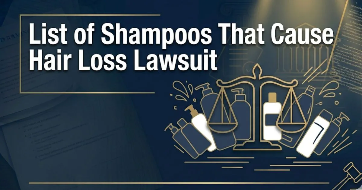 List of shampoos that cause hair loss lawsuit 2026 legal banner with shampoo silhouettes and gavel icon