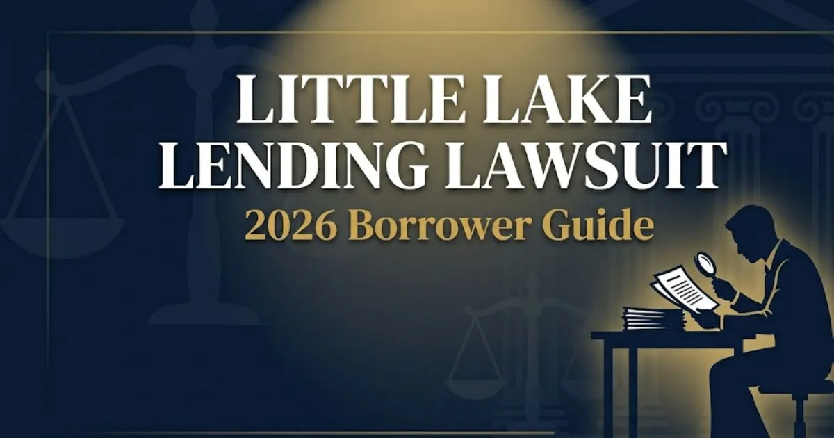 Little Lake Lending Lawsuit 2026 borrower guide banner with legal scales and navy background