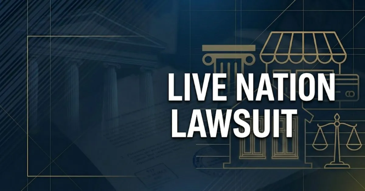 Live Nation lawsuit 2026 editorial banner with legal themed imagery including courthouse silhouette and gavel icon