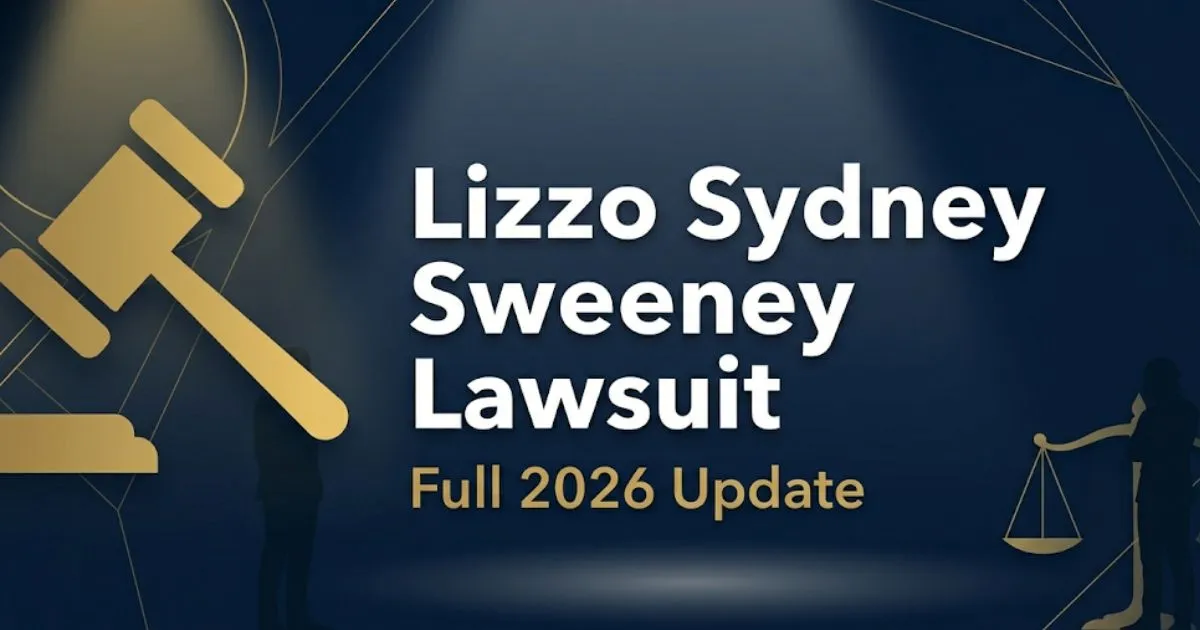 Lizzo Sydney Sweeney lawsuit 2026 update banner with gavel and legal scales on navy background